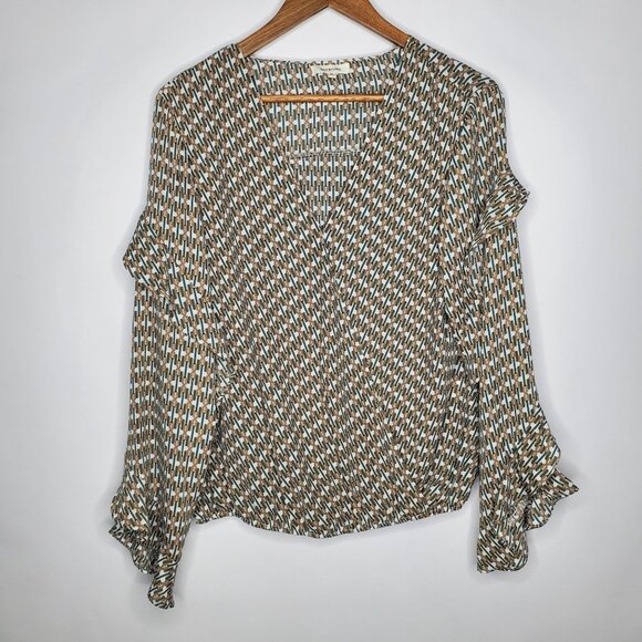 Max Studio Womens XL Green Geometric Crossover Blouse Size XL Ruffled V Neck - Picture 1 of 8